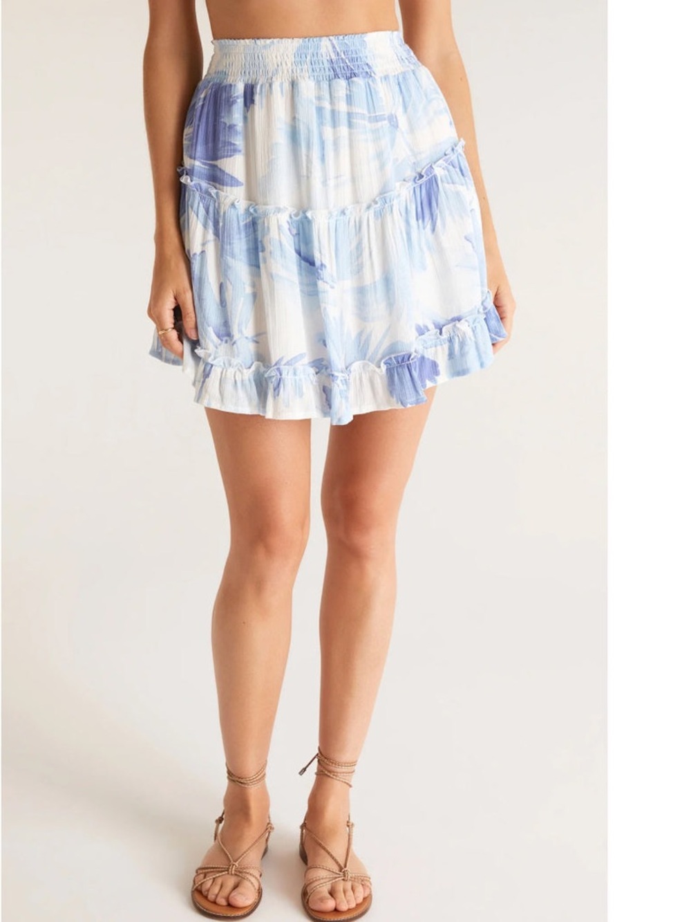Z Supply Blue White Amari Watercolor Leaf Tiered Ruffle Mini Skirt XS Floral